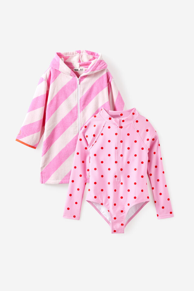 Girls Long Sleeve One Piece & Zip Thru Hooded Towel Set, 